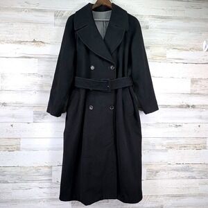 Takeo Kikuchi Vintage 80s Wool Trench Coat Womens 2/ US M Black Belted Wool Chic